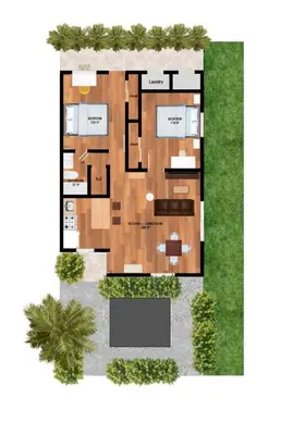 a floor plan of a villa with a garden at Bright and Spacious 2 BR Apartment in Fort Lauderdale
