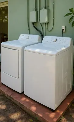 two white washing machines sitting next to each other at Modern Home - Termpurpedic Queen bed, Laundry, Free Parkging, EV Tesla in Hollywood
