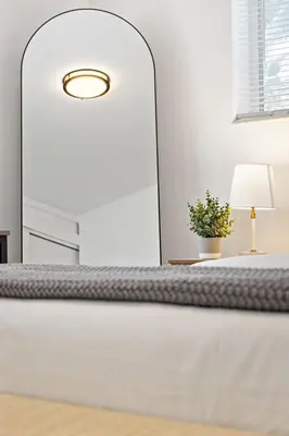 a mirror in a bedroom with a lamp and a plant at Lovely Studio with Great Location + Free Parking in Fort Lauderdale