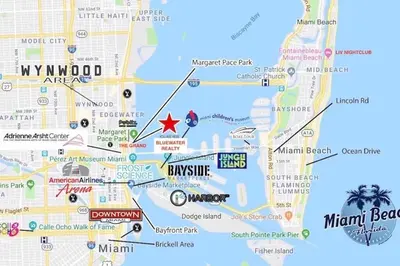 a map of miami beach with a red star at Ray of Light! Miami Penthouse! in Miami