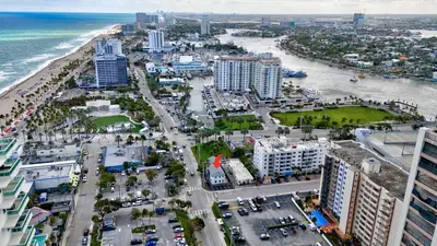 an aerial view of a city and the ocean at Condo Right off Las Olas - Steps to FTL Beach 2A in Fort Lauderdale