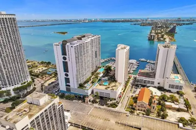 an aerial view of a city with buildings and the water at Shades of Miami Sky Penthouse! Newly Renovated in Miami