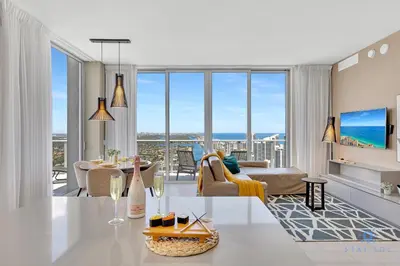a living room with a view of the ocean at Beach House Design in Hollywood
