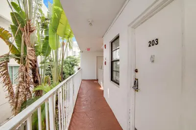 a hallway with a white door and plants at 2B/2B, Free Parking, South Beach, 1 Block 2 Beach in Miami Beach