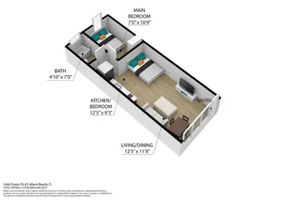 a floor plan of a house with essential elements at Beachside 1 b/r, w/2 Queen Beds, Ocean Drive SOBE in Miami Beach