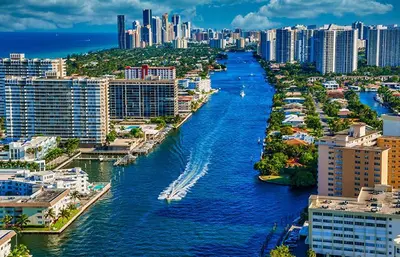 an aerial view of a river in a city at Walk to the beach, Studio, with Pool and FREE Parking in Hallandale Beach