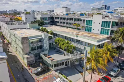 an overhead view of a city with buildings and palm trees at Balcony Deco Apt, w/2 QueenBeds, on Ocean Dr Beach in Miami Beach