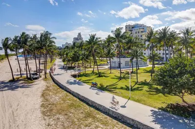 a park with palm trees and a sidewalk at Sunny Ocean Dr Condo, w/2 Queen Beds, South Beach in Miami Beach