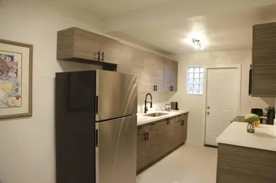 a kitchen with a stainless steel refrigerator and a sink at Apt 3 Miami Designer Apartment in the Upper East-Side in Miami