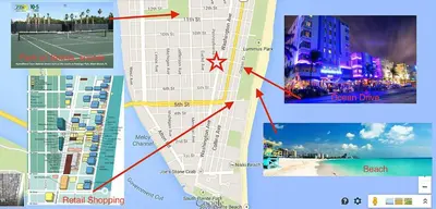 a collage of images of a map of a beach at Best Location SOBE Top Floor 2 min to beach & fun in Miami Beach