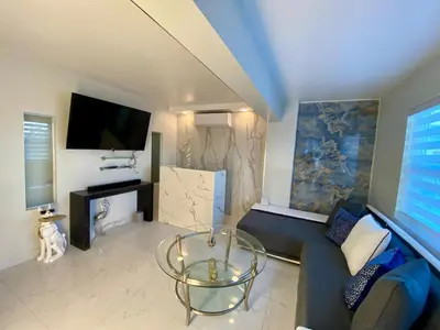 a living room with a couch and a tv at Luxurious remodeled direct Waterfront apartment with Miami skyline view- Free parking- 5min drive to Miami Beach in Miami Beach