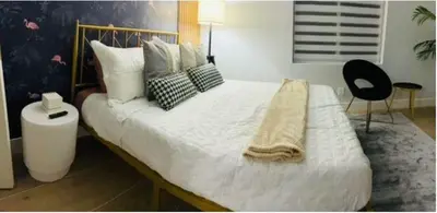 a bedroom with a large white bed with pillows at Stylish Room close to everything in Miami in Miami Shores