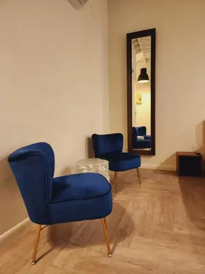 a room with two blue chairs and a mirror at Private Home Studio Central Located in Miami 2 in Opa-locka