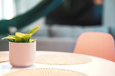 a plant in a pink vase sitting on a table at New Nordic Touch Loft, Central Location in Miami