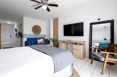 a bedroom with a bed and a flat screen tv at Bayshore Bliss, Cozy with Water Views of Miami Bay in Miami Beach
