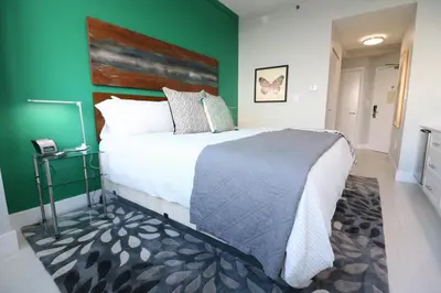 a bedroom with a large bed and a green wall at Connecting Rooms-Coconut Grove 21st Floor Parking Included in Miami