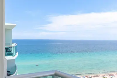 a view of the ocean from the balcony of a condo at PROMO Komffy Penthouse w King Bed and Ocean view at Tides 16th floor in Hollywood