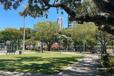 a park with a lot of trees and benches at Brickell + Wynwood Wonderland: Spacious 6BR Home in Miami