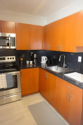 a kitchen with wooden cabinets and stainless steel appliances at 1BR with Kitchen Close To Sunny Isles Beach in North Miami Beach