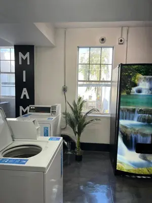 a washing machine in a room with a painting at Shaomi South Beach in Miami Beach