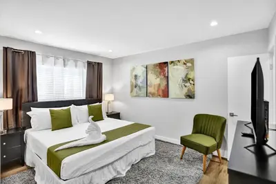 a bedroom with a bed and a tv and a chair at Modern home w heated pool canal views in Hollywood