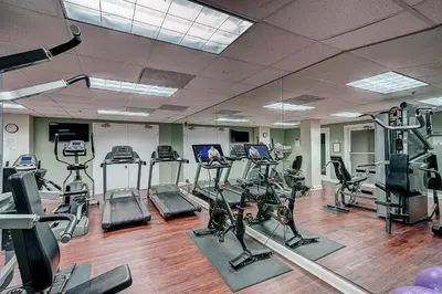 a gym with several treadmills and elliptical machines at Coconut Grove Beauty 1 bedroom Bayview Condo with Free Parking in Miami