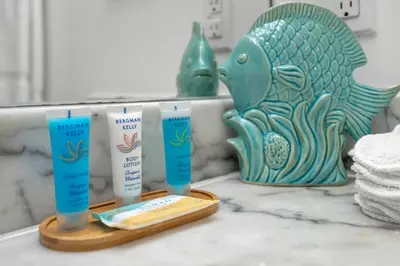 a bathroom counter with two bottles of shampoo and a fish shaped tube at Brickell Key Gem: Stylish 1-Bed W/ Free Parking in Miami