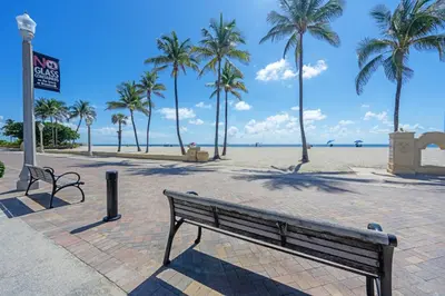 a park bench on the beach with palm trees at Apartamento justo en la playa in Hollywood