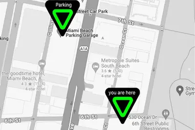 a map of the approximate location of the main beach parking garage at Amazing studio in Ocean Drive in Miami Beach