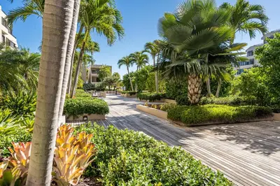 a walkway with palm trees in a resort at Tropical Retreat with Beach Resort Amenities in Miami