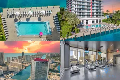 a collage of photos of a hotel with a pool at Spacious studio Amazing Amenities Infinite View in Hallandale Beach