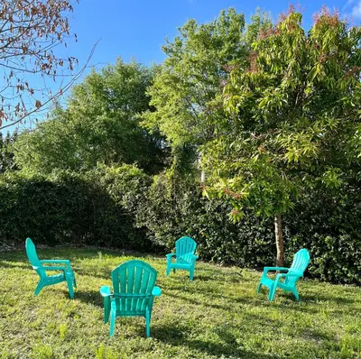 three blue chairs sitting in the grass in a yard at New 3Bedroom 2Bathroom Private Home in Miami