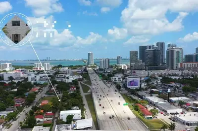 an aerial view of a city with a dot in the sky at Comfy Apt 5 min walking to Design District apt 4 in Miami