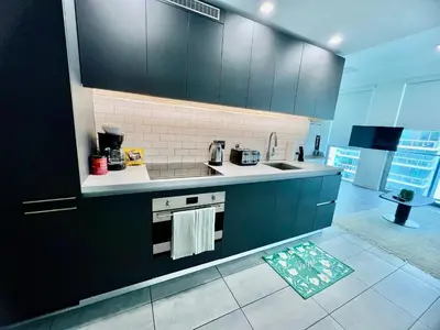 a kitchen with black cabinets and a kitchen rug at Spacious Studio in the Heart of Downtown Miami in Miami