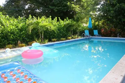 a swimming pool with a frisbee in the water at HOUSE WITH POOL and BBQ, 12 MIN to the BEACH in Miami Shores