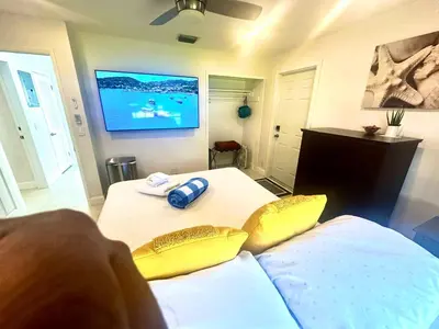 a room with a bed and a table and a tv at POOLSIDE MANOR - Men Only Clothing-Optional in Fort Lauderdale