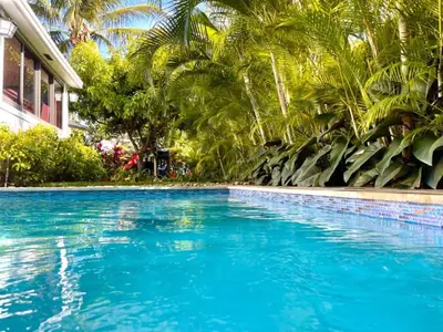 a swimming pool with blue water and palm trees at Experience Miami Magic: Tropical Pool Escape in Miami