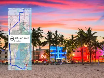a sign on a beach with palm trees and a building at Lux 3BR City-View Retreat in Hollywood, 2nd Floor in Hollywood