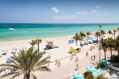 an overhead view of a beach with palm trees and the ocean at Coastal Haven 5 Min to Beach, Patio, BBQ in Dania Beach