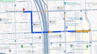 a map with a blue line and a red circle at Apt 202 Near Cruise Port, 5 Min to Downtown, 4 Min to Trains, 14Min to Airp in Miami