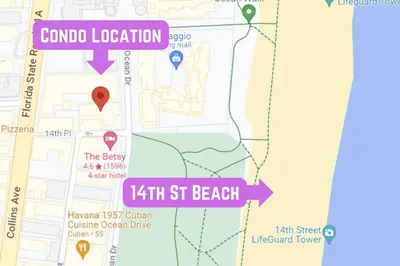 a map showing the location of the beach at Escape 2 Beach, Ocean Dr Deco Apt with 2 Queen beds in Miami Beach