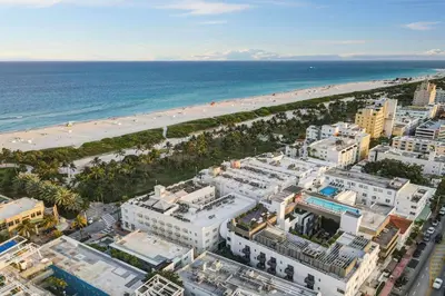 an aerial view of a beach and buildings at Easy Ocean Dr Beach, 2 Queenbeds in Miami Beach