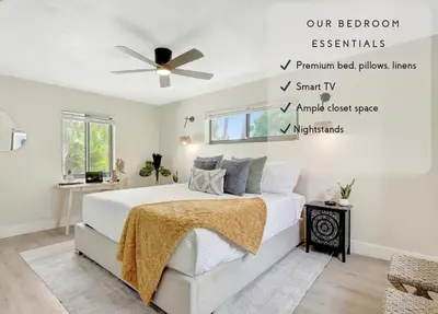 a bedroom with a bed and a ceiling fan at Zen Den - Heated Pool, Work Friendly, Near Beach in Fort Lauderdale