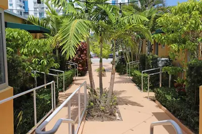 a walkway with palm trees next to a building at 3 Bedroom 3 Bathroom Miami Beach Apartment in Miami Beach