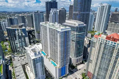 an aerial view of a city with tall buildings at Stylish 1BR Brickell Condo with Balcony and Pool Access in Miami