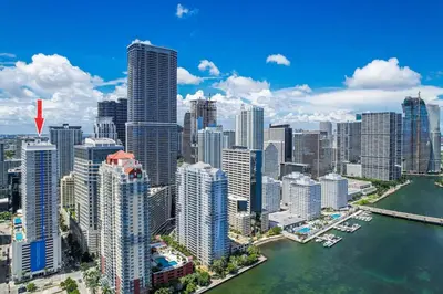 an aerial view of a city with tall buildings at Stylish 1BR Brickell Condo with Balcony and Pool Access in Miami