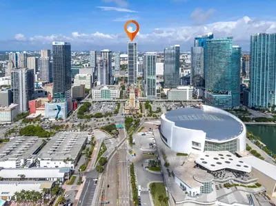 an aerial view of a city with a marker at Stylish City Getaway with Pool Skyline Views in Miami