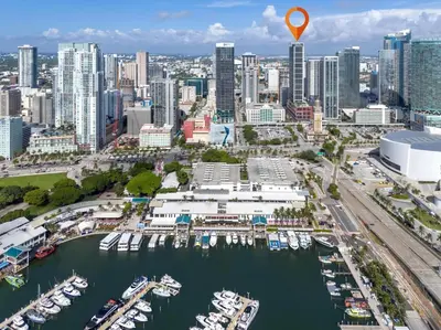 an aerial view of a marina with a city at Stylish City Getaway with Pool Skyline Views in Miami