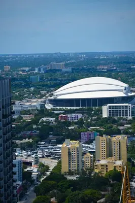 an aerial view of a soccer stadium and a city at Magic Miami Penthouse Balcony, Insane Ocean & City Views Luxury,Pool,Spa,Gym in Miami