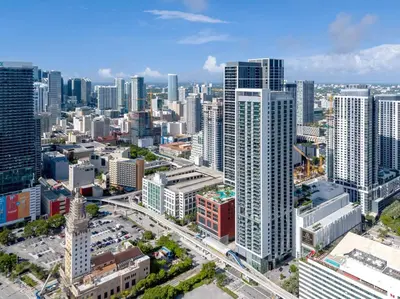 an aerial view of a city with tall buildings at Sky-High Views Pool and Fitness Center Access in Miami
